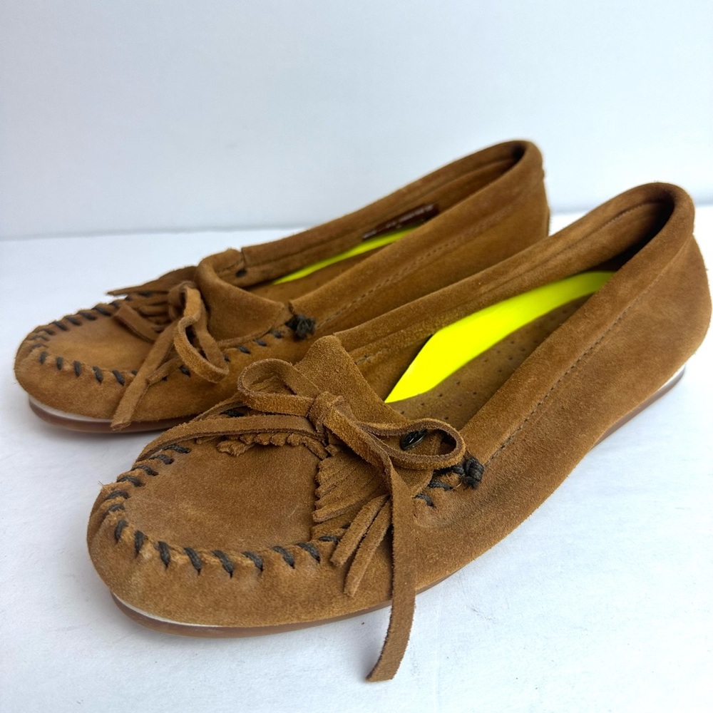 ❗️Minnetonka brown leather slip on flats with fringe size 7.5